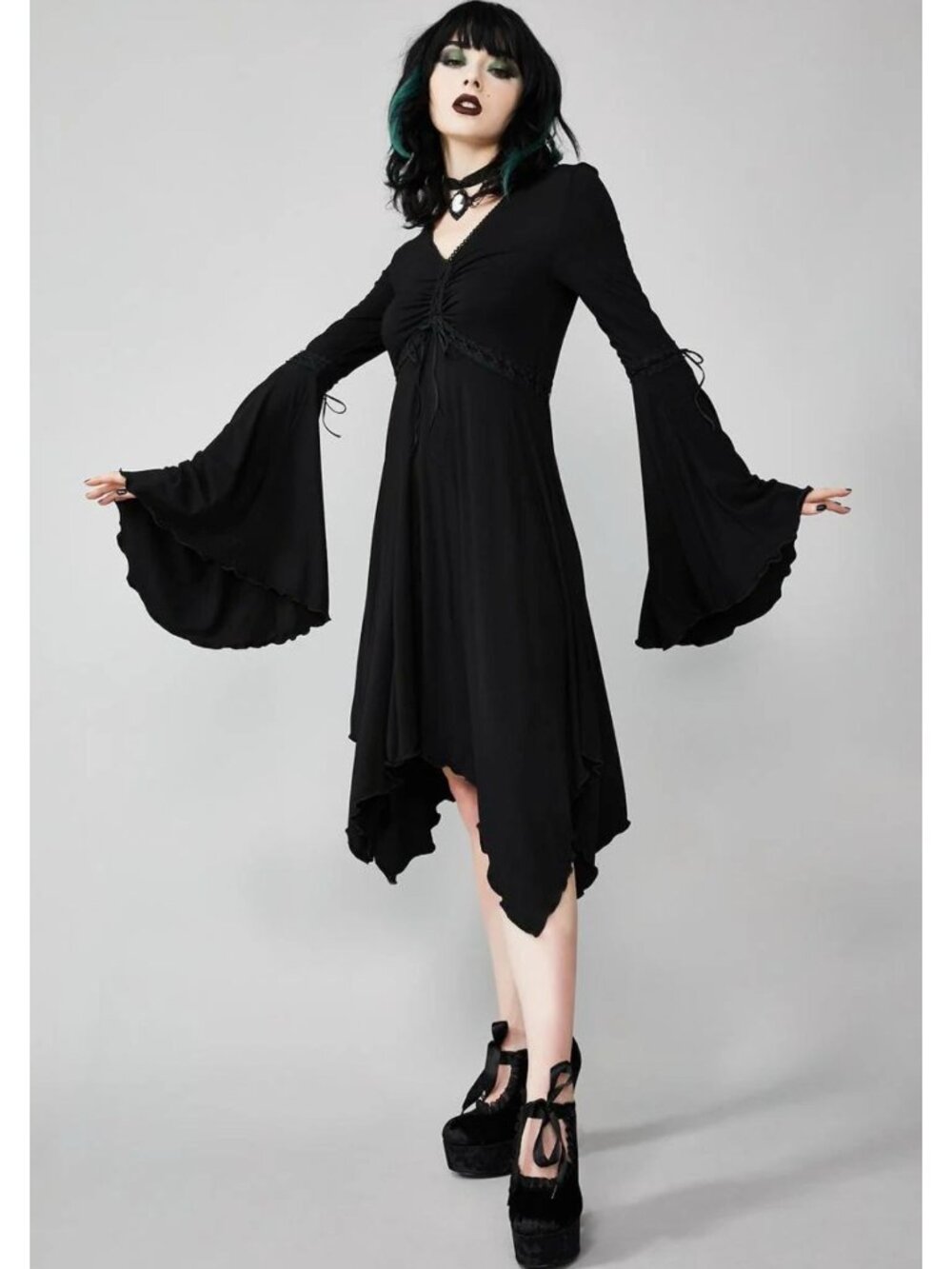 Widow Dollsk!ll Hex In Harmony Cinched Dress Bell sleeve Goth Jersey Black Large